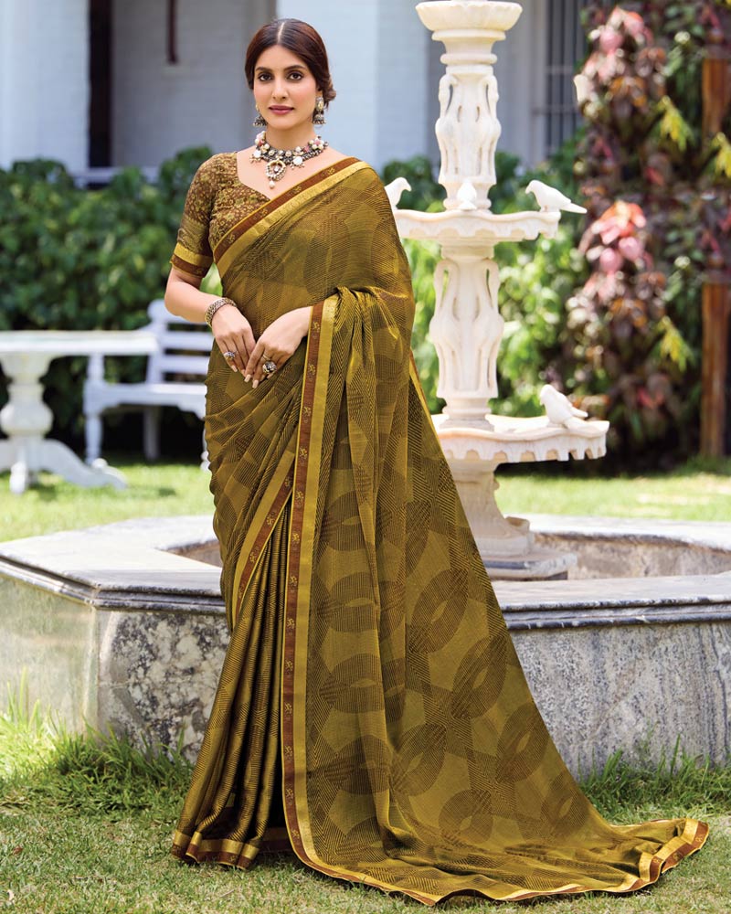 Vishal Prints Muddy Brown Printed Fancy Chiffon Saree With Fancy Border