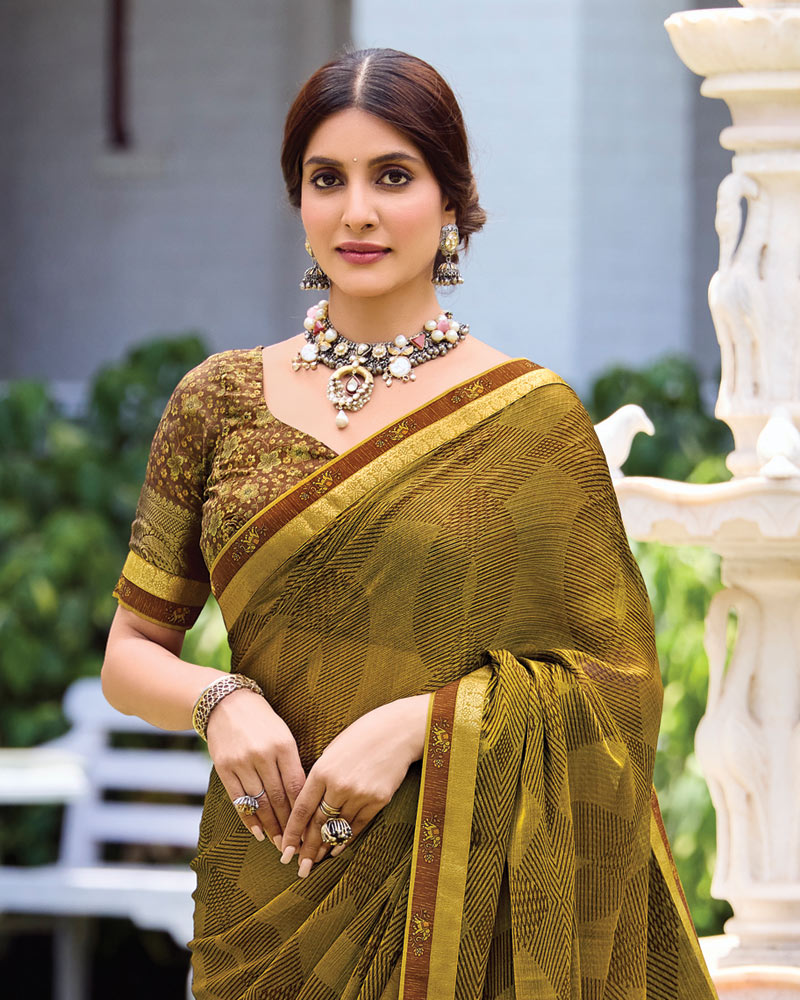 Vishal Prints Muddy Brown Printed Fancy Chiffon Saree With Fancy Border