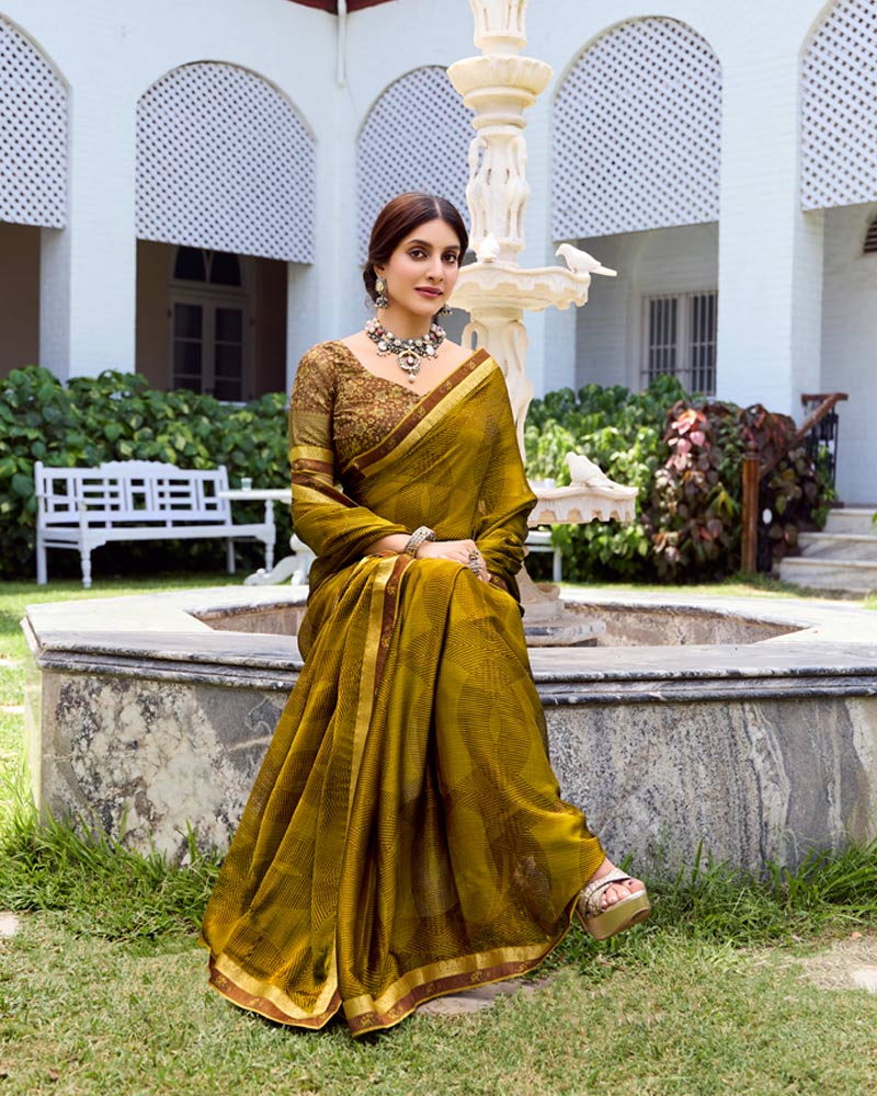 Vishal Prints Muddy Brown Printed Fancy Chiffon Saree With Fancy Border