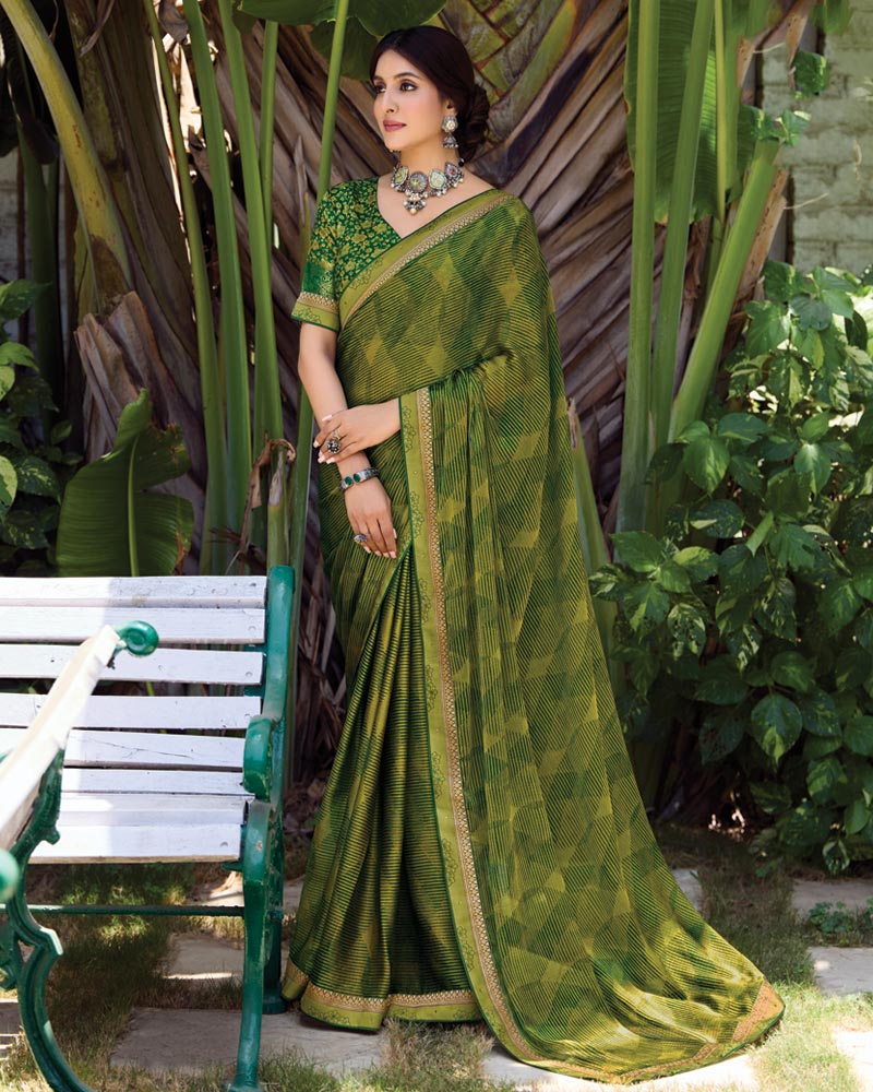 Vishal Prints Forest Green Printed Fancy Chiffon Saree With Fancy Border
