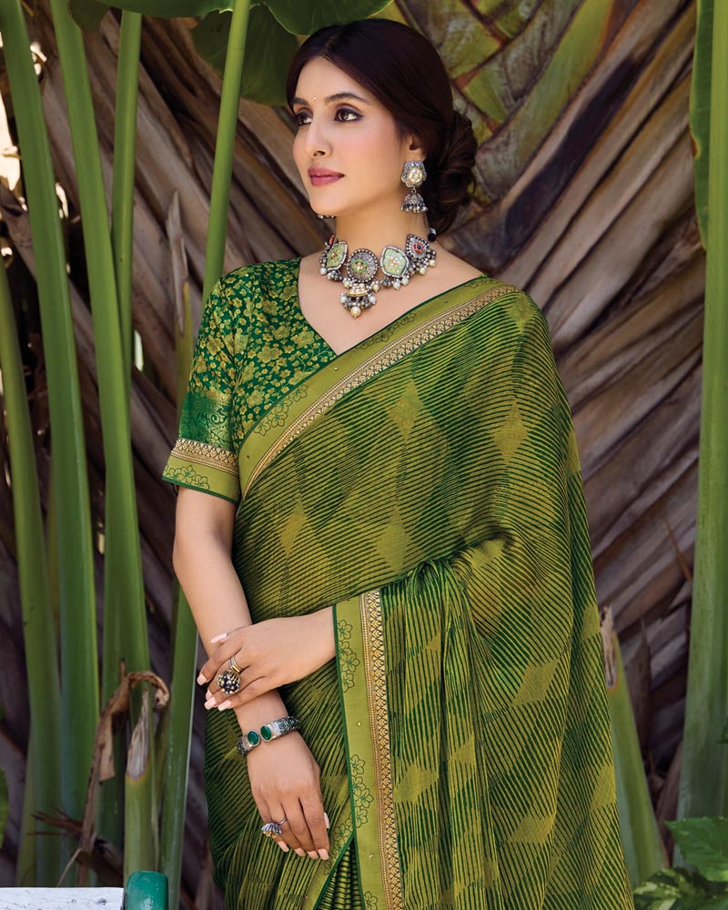 Vishal Prints Forest Green Printed Fancy Chiffon Saree With Fancy Border