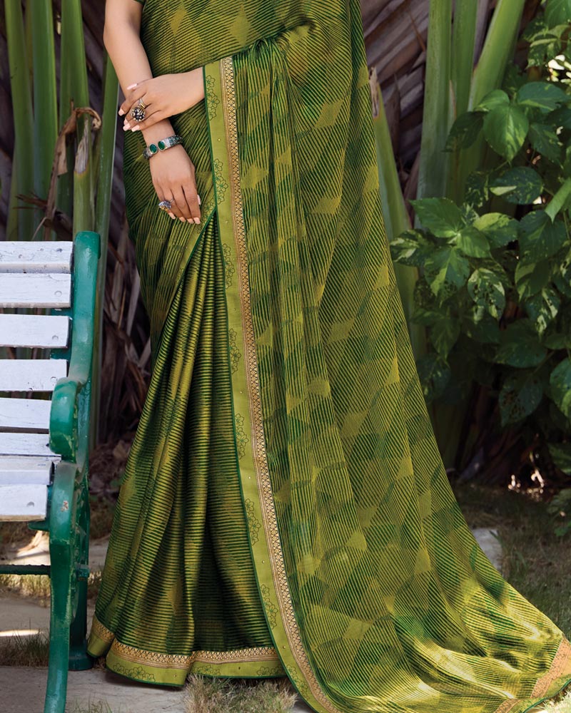 Vishal Prints Forest Green Printed Fancy Chiffon Saree With Fancy Border