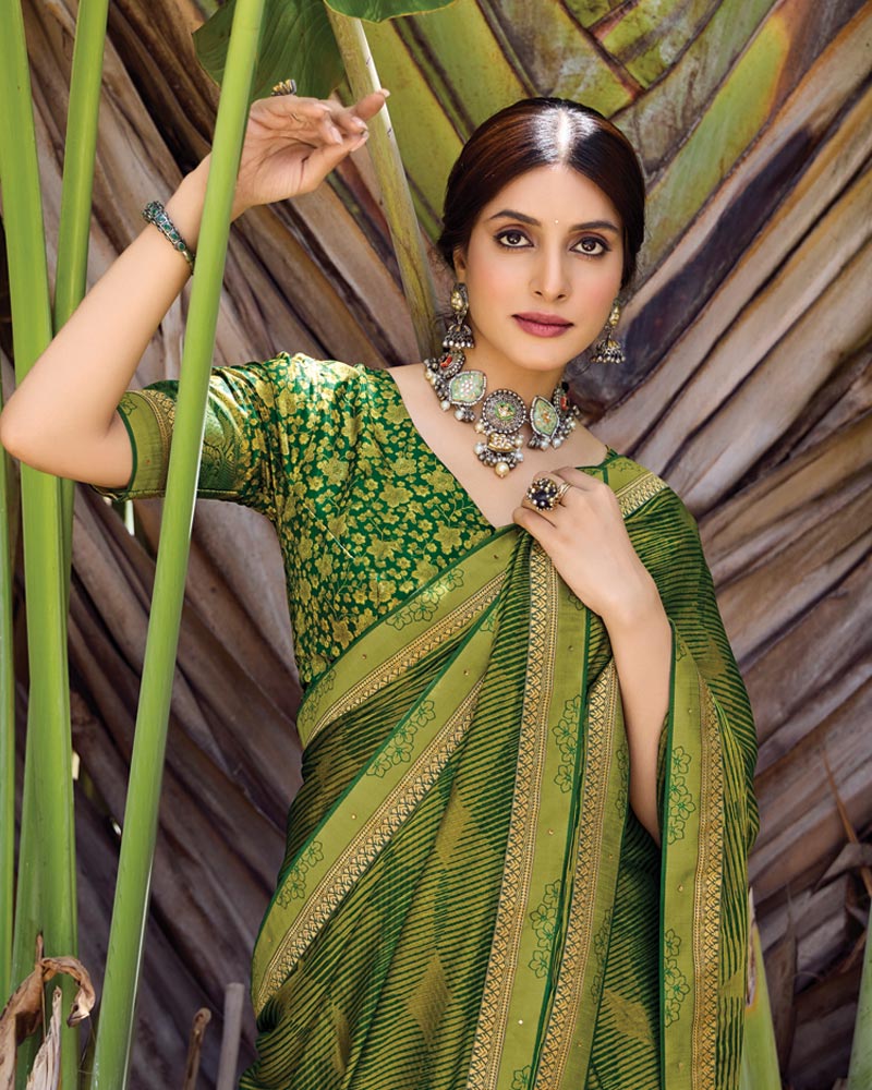 Vishal Prints Forest Green Printed Fancy Chiffon Saree With Fancy Border