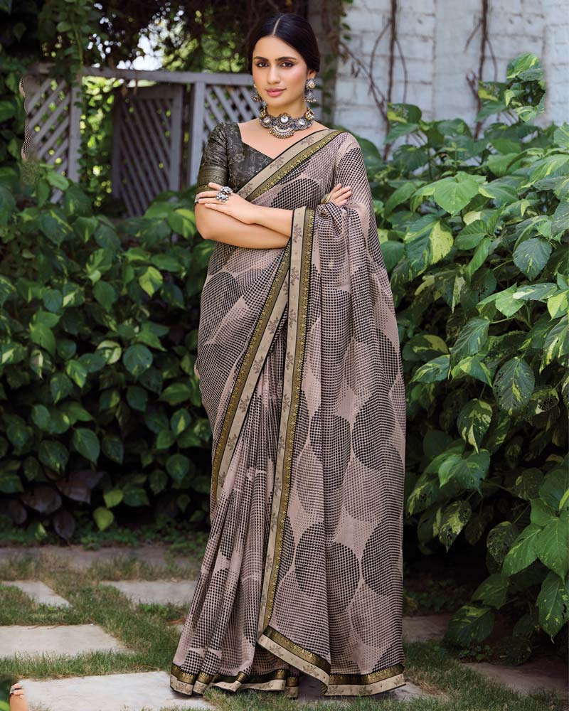 Vishal Prints Greyish Pink Printed Fancy Chiffon Saree With Fancy Border