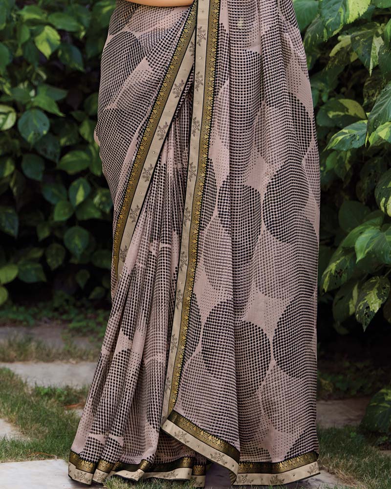 Vishal Prints Greyish Pink Printed Fancy Chiffon Saree With Fancy Border