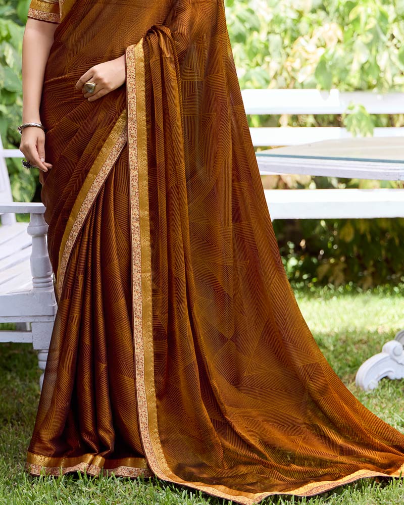 Vishal Prints Rust Printed Fancy Chiffon Saree With Fancy Border