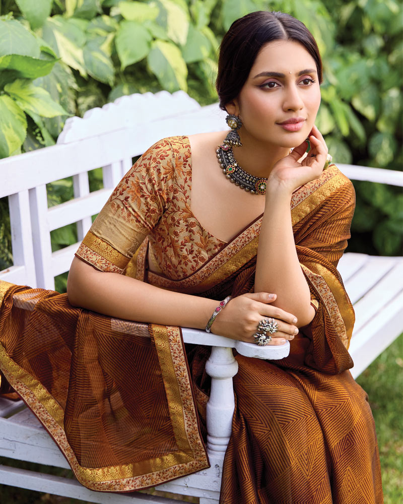 Vishal Prints Rust Printed Fancy Chiffon Saree With Fancy Border