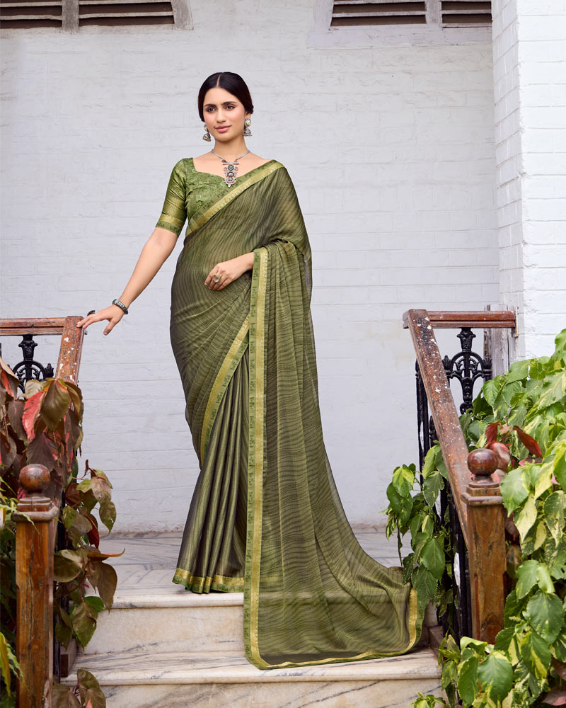 Vishal Prints Finch Green Printed Fancy Chiffon Saree With Fancy Border