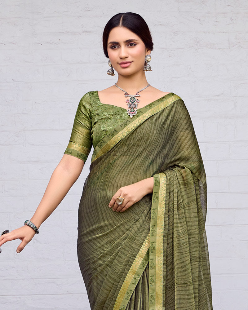 Vishal Prints Finch Green Printed Fancy Chiffon Saree With Fancy Border