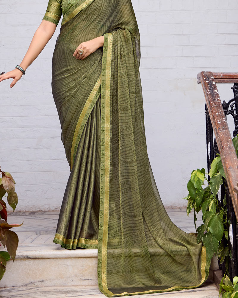 Vishal Prints Finch Green Printed Fancy Chiffon Saree With Fancy Border