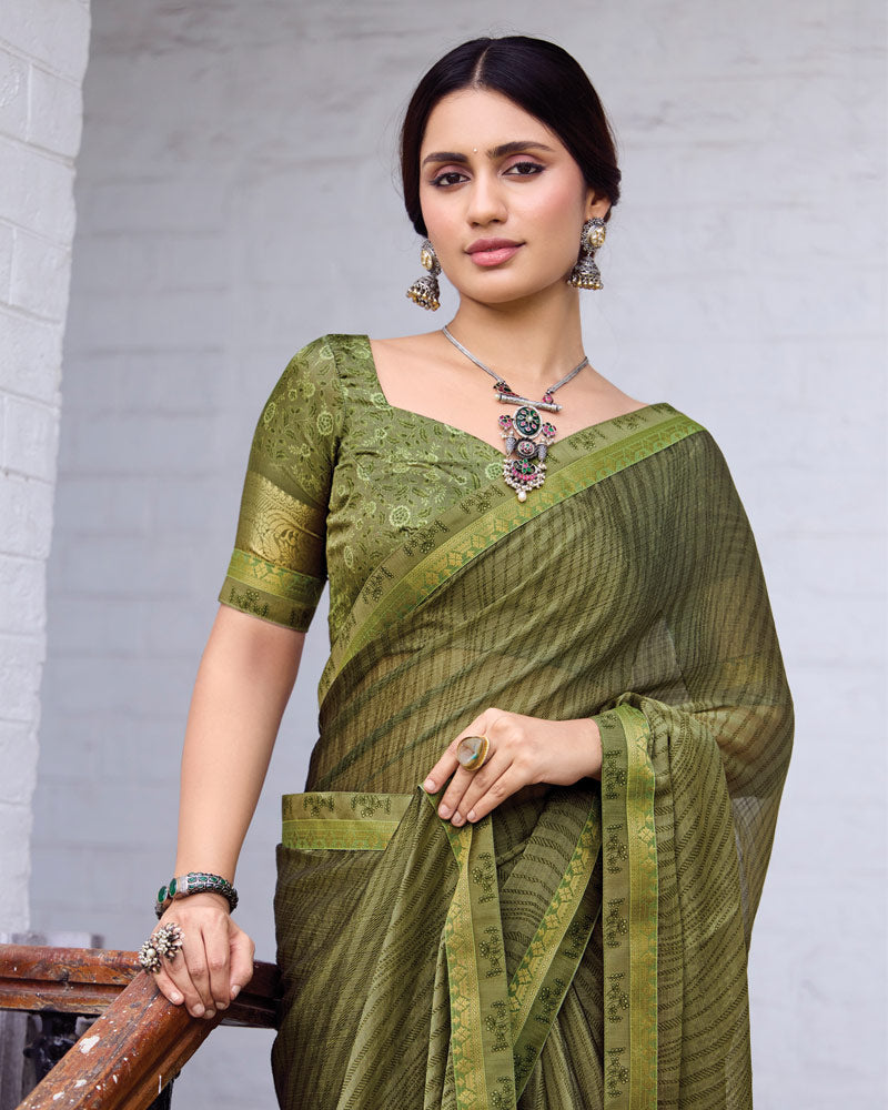 Vishal Prints Finch Green Printed Fancy Chiffon Saree With Fancy Border