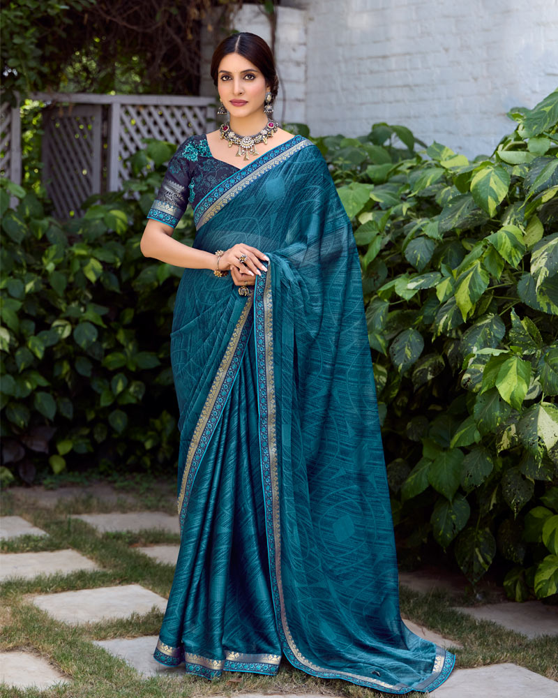 Vishal Prints Astronaut Blue Printed Fancy Chiffon Saree With Fancy Border