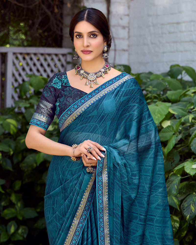 Vishal Prints Astronaut Blue Printed Fancy Chiffon Saree With Fancy Border