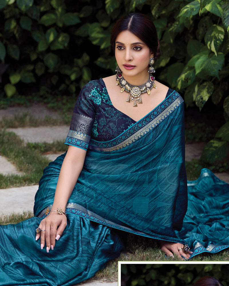 Vishal Prints Astronaut Blue Printed Fancy Chiffon Saree With Fancy Border