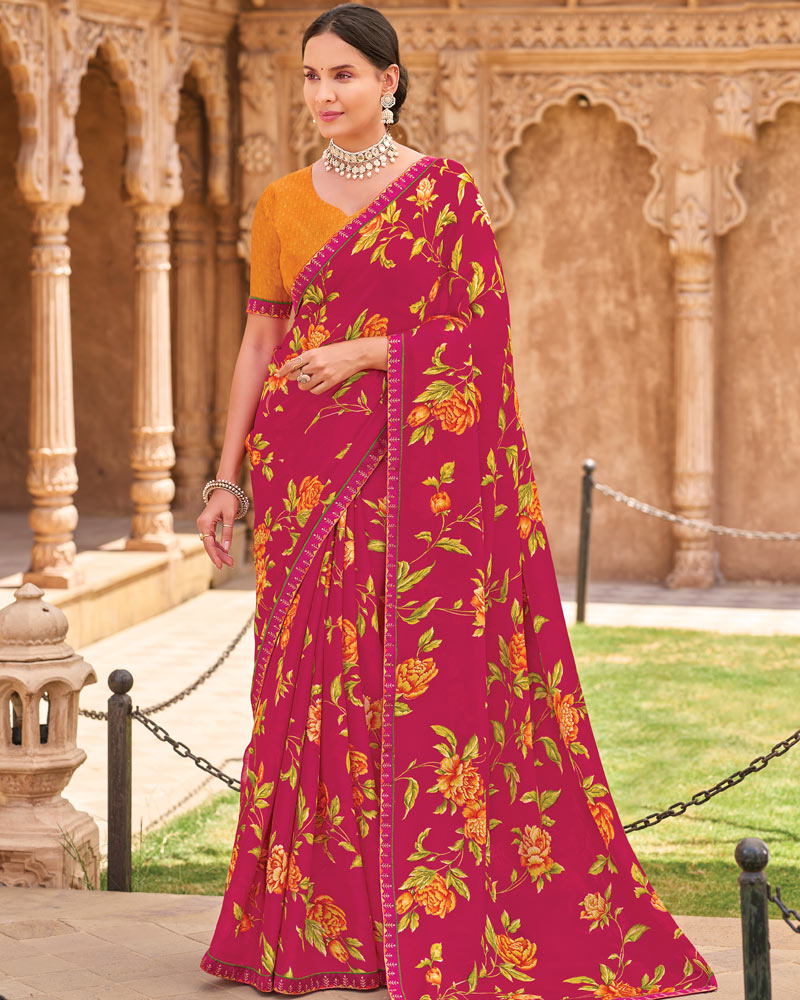Vishal Prints Deep Rani Pink Fancy Chiffon Floral Print Saree With Fancy Border