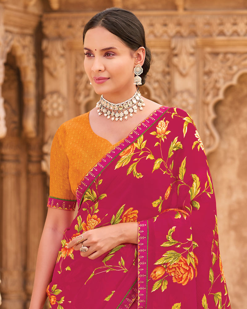 Vishal Prints Deep Rani Pink Fancy Chiffon Floral Print Saree With Fancy Border