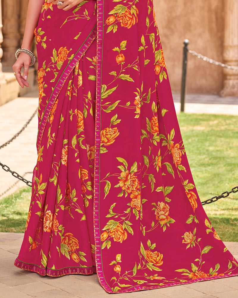 Vishal Prints Deep Rani Pink Fancy Chiffon Floral Print Saree With Fancy Border