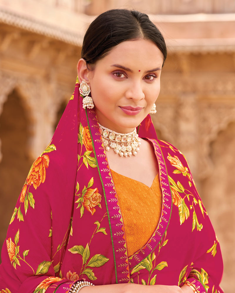Vishal Prints Deep Rani Pink Fancy Chiffon Floral Print Saree With Fancy Border