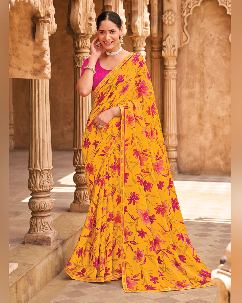 Vishal Prints Bright Yellow Fancy Chiffon Floral Print Saree With Fancy Border