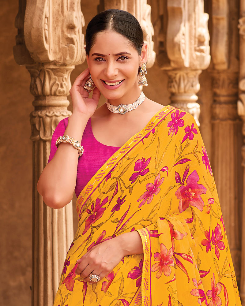 Vishal Prints Bright Yellow Fancy Chiffon Floral Print Saree With Fancy Border