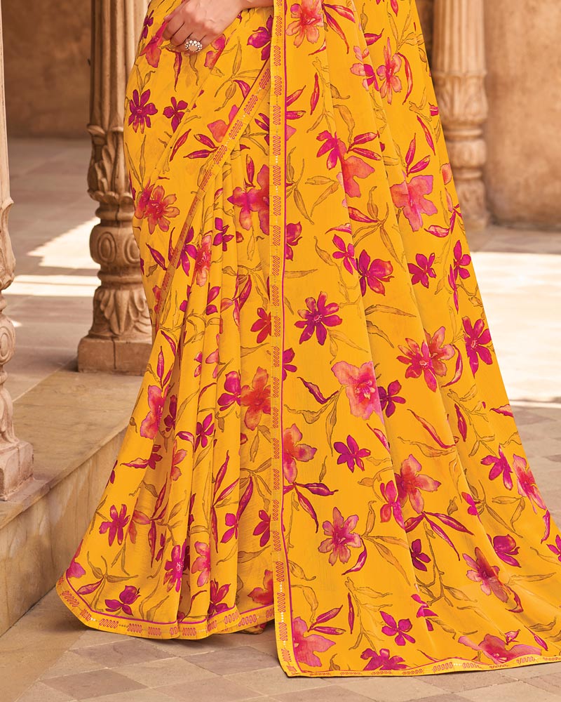 Vishal Prints Bright Yellow Fancy Chiffon Floral Print Saree With Fancy Border