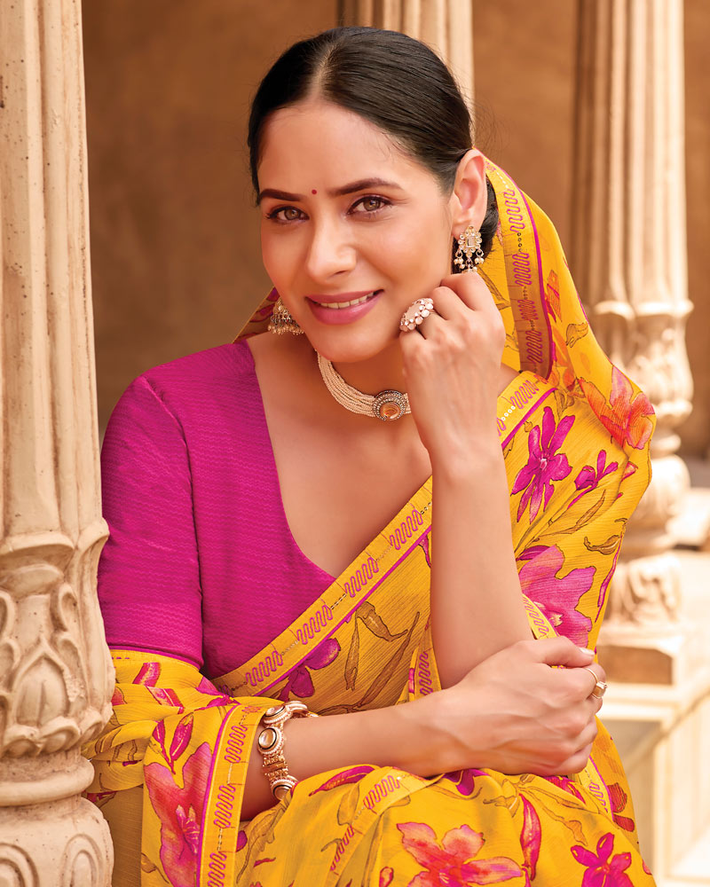 Vishal Prints Bright Yellow Fancy Chiffon Floral Print Saree With Fancy Border