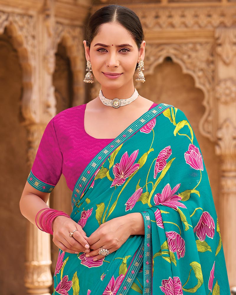 Vishal Prints Deep Sky Blue Fancy Chiffon Floral Print Saree With Fancy Border