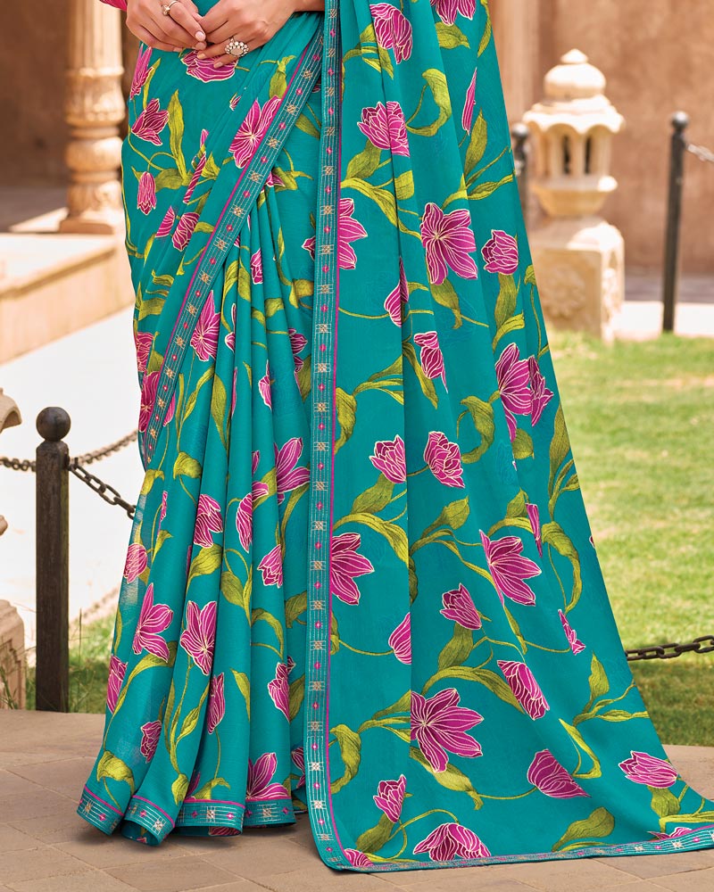 Vishal Prints Deep Sky Blue Fancy Chiffon Floral Print Saree With Fancy Border