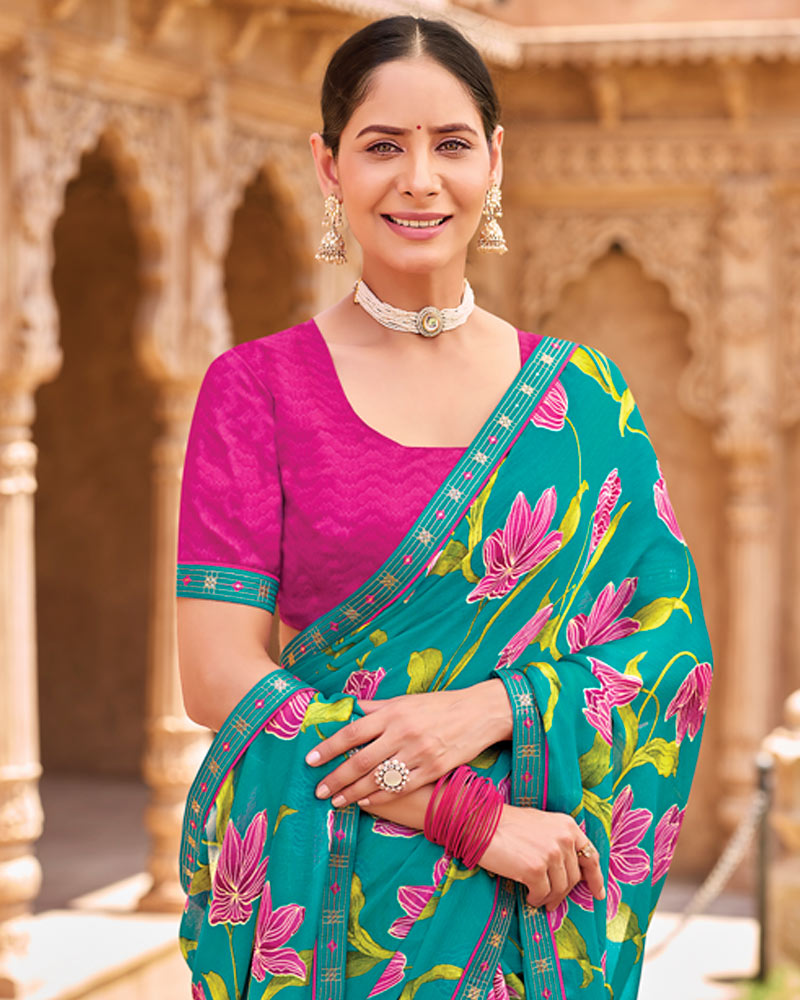 Vishal Prints Deep Sky Blue Fancy Chiffon Floral Print Saree With Fancy Border