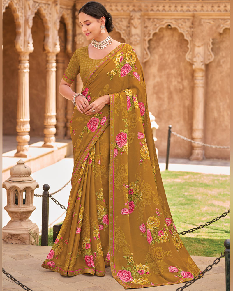 Vishal Prints Dusty Mustard Fancy Chiffon Floral Print Saree With Fancy Border