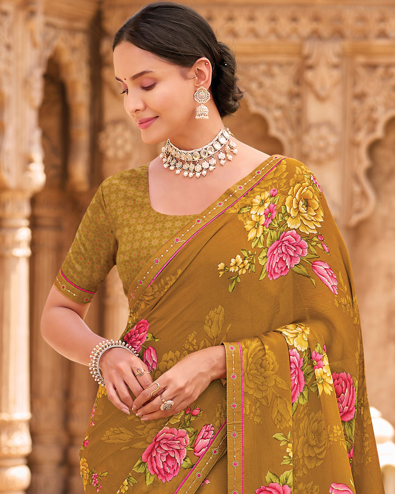 Vishal Prints Dusty Mustard Fancy Chiffon Floral Print Saree With Fancy Border