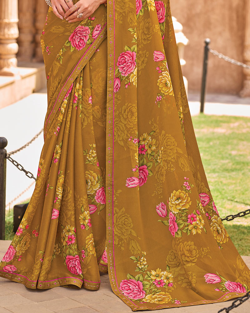 Vishal Prints Dusty Mustard Fancy Chiffon Floral Print Saree With Fancy Border