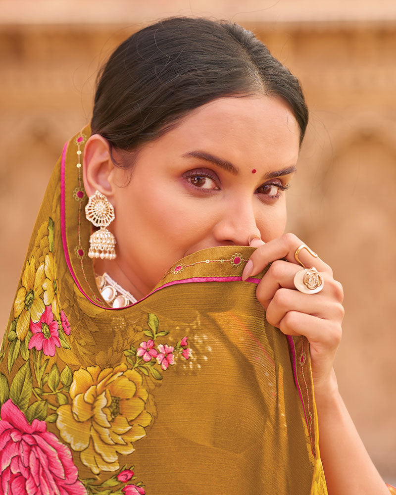Vishal Prints Dusty Mustard Fancy Chiffon Floral Print Saree With Fancy Border