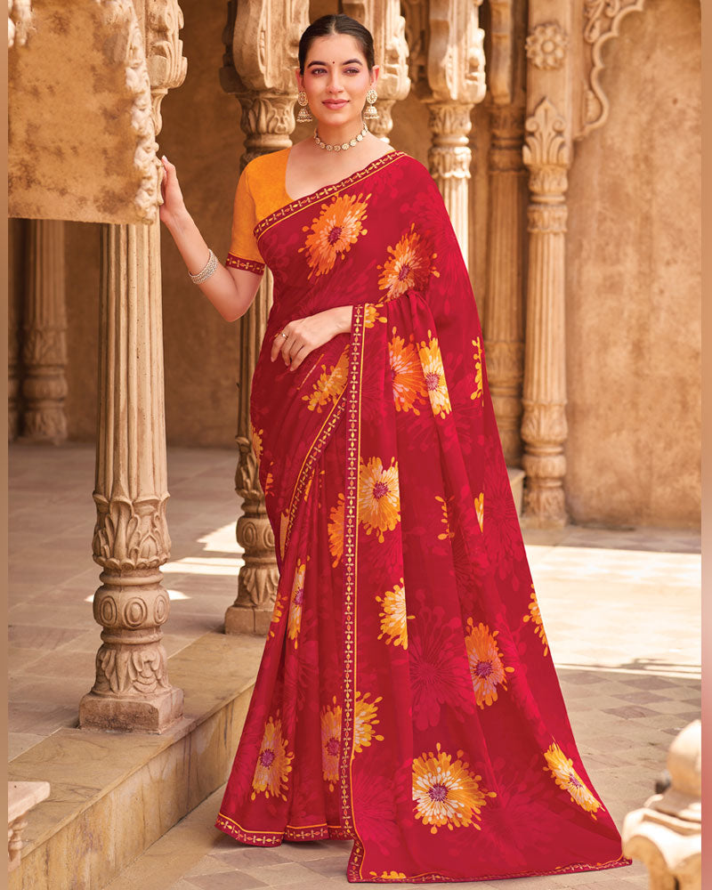 Vishal Prints Deep Red Fancy Chiffon Floral Print Saree With Fancy Border
