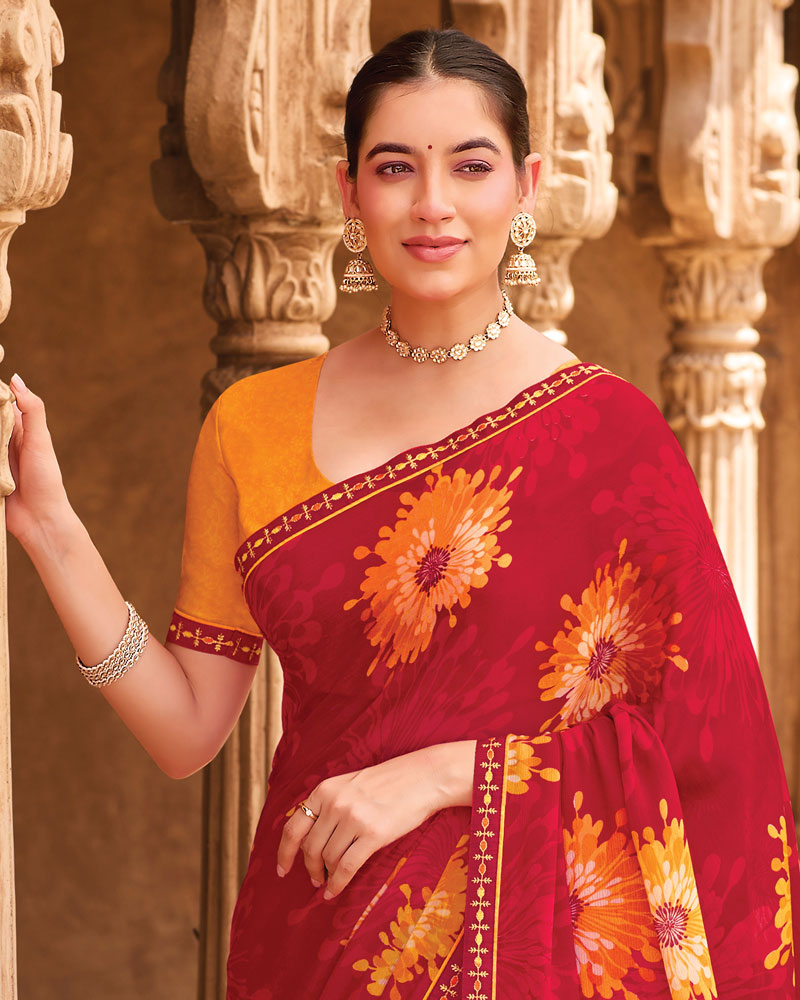 Vishal Prints Deep Red Fancy Chiffon Floral Print Saree With Fancy Border