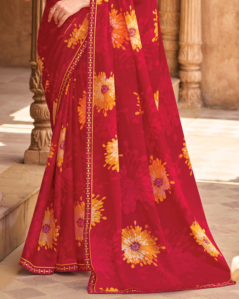 Vishal Prints Deep Red Fancy Chiffon Floral Print Saree With Fancy Border