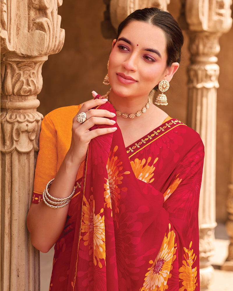 Vishal Prints Deep Red Fancy Chiffon Floral Print Saree With Fancy Border