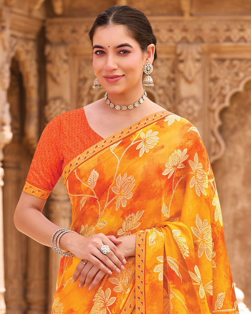 Vishal Prints Light Orange Fancy Chiffon Floral Print Saree With Fancy Border