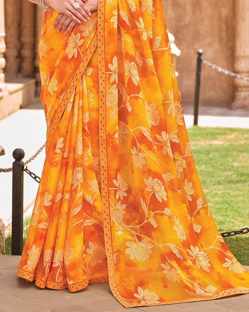 Vishal Prints Light Orange Fancy Chiffon Floral Print Saree With Fancy Border