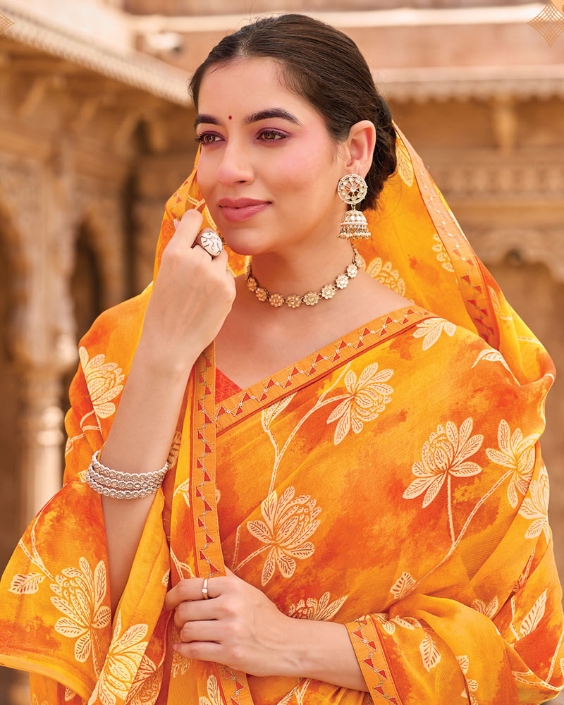 Vishal Prints Light Orange Fancy Chiffon Floral Print Saree With Fancy Border