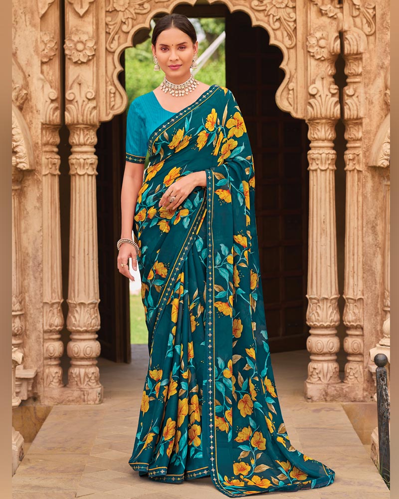 Vishal Prints Deep Teal Blue Fancy Chiffon Floral Print Saree With Fancy Border