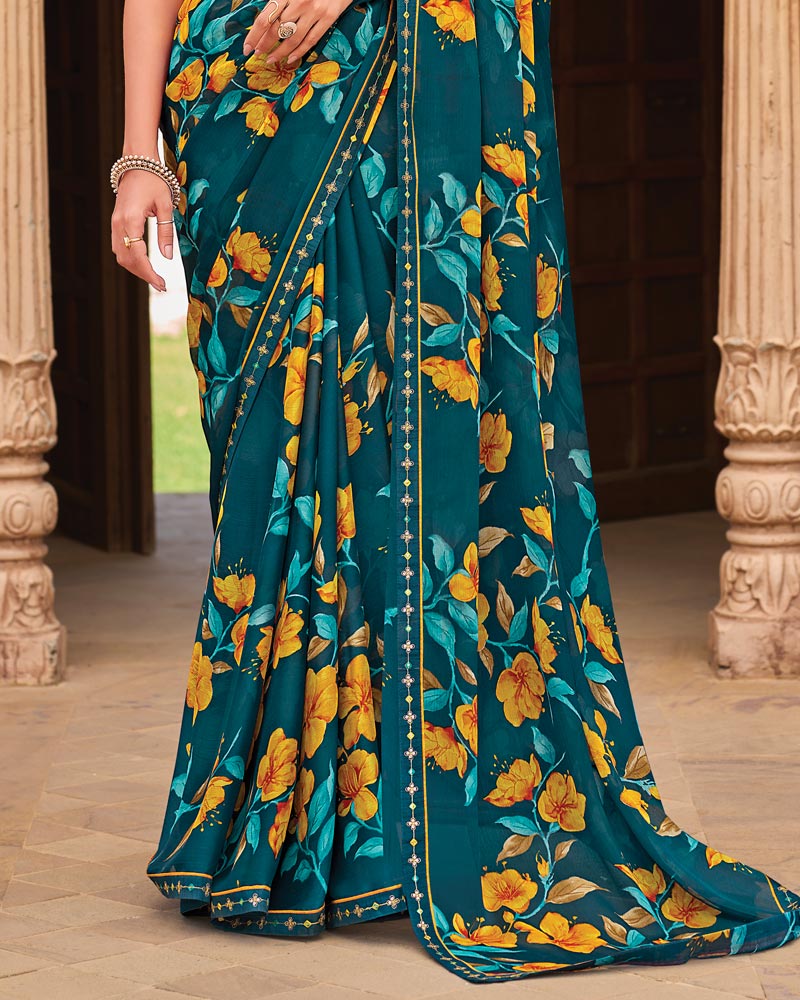 Vishal Prints Deep Teal Blue Fancy Chiffon Floral Print Saree With Fancy Border