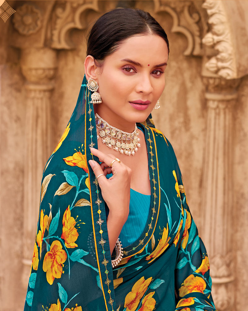 Vishal Prints Deep Teal Blue Fancy Chiffon Floral Print Saree With Fancy Border