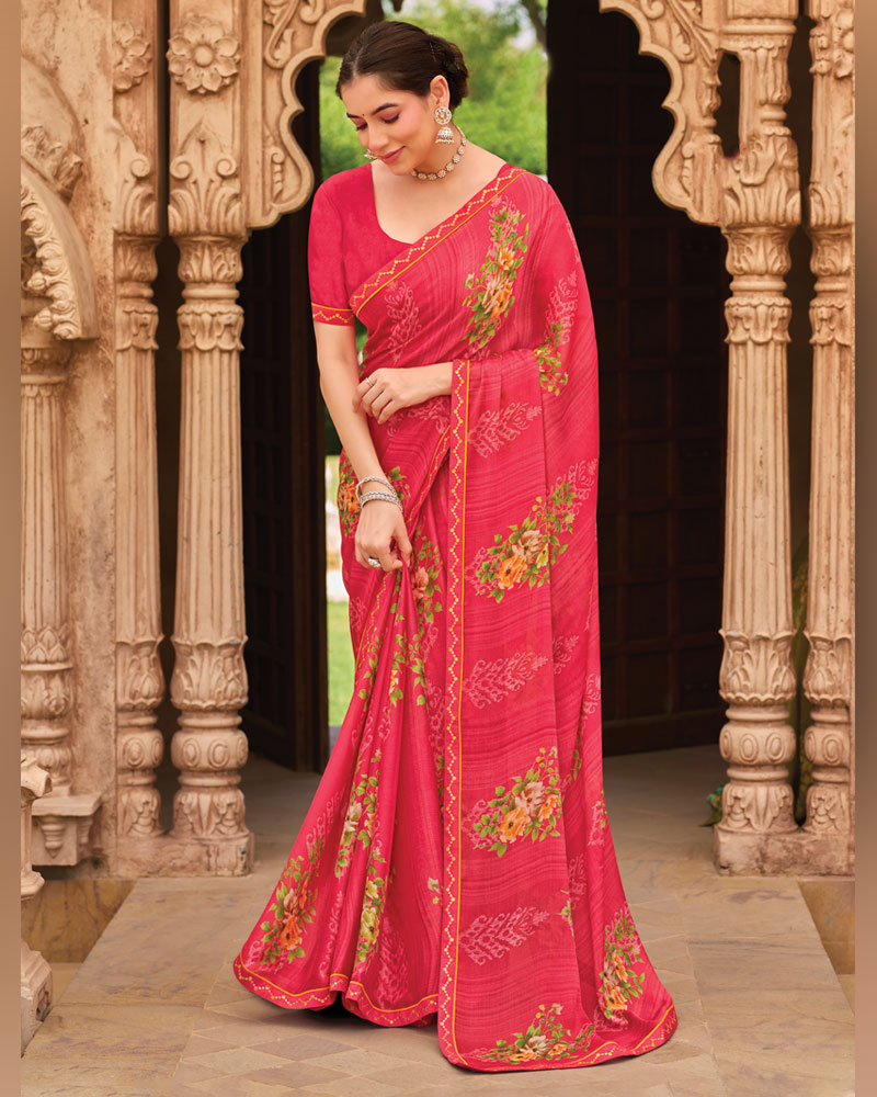 Vishal Prints Fuchsia Pink Fancy Chiffon Floral Print Saree With Fancy Border