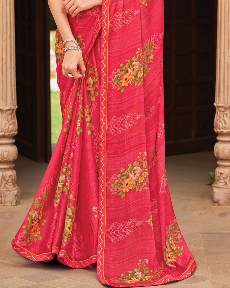 Vishal Prints Fuchsia Pink Fancy Chiffon Floral Print Saree With Fancy Border