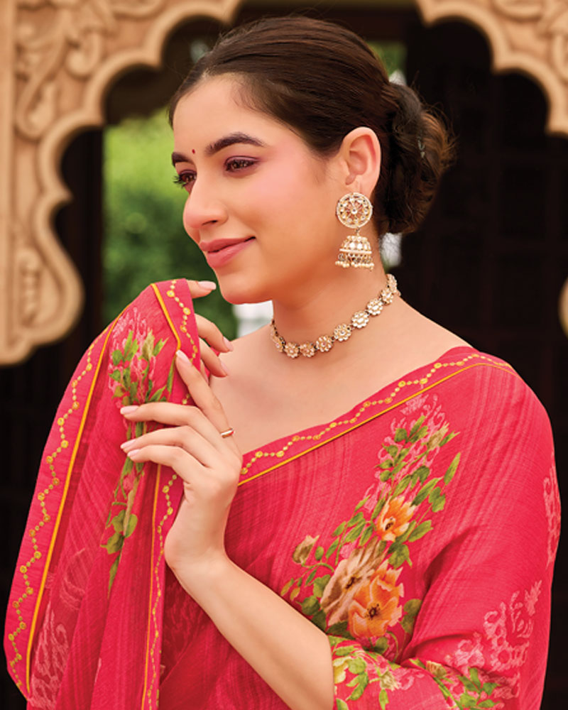 Vishal Prints Fuchsia Pink Fancy Chiffon Floral Print Saree With Fancy Border