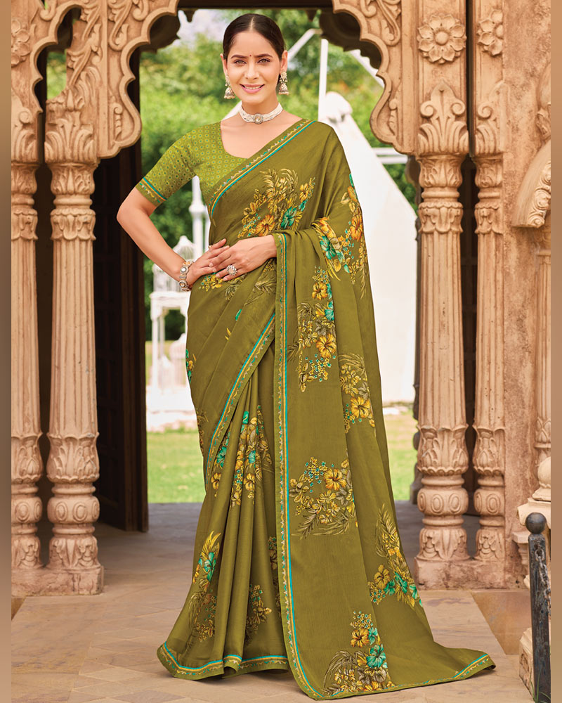 Vishal Prints Olive Green Fancy Chiffon Floral Print Saree With Fancy Border