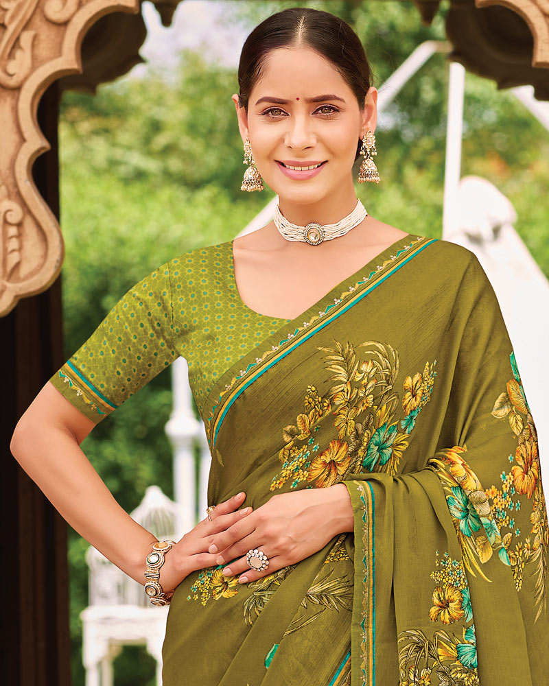 Vishal Prints Olive Green Fancy Chiffon Floral Print Saree With Fancy Border
