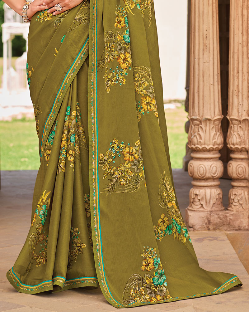 Vishal Prints Olive Green Fancy Chiffon Floral Print Saree With Fancy Border