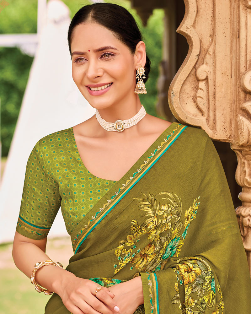 Vishal Prints Olive Green Fancy Chiffon Floral Print Saree With Fancy Border